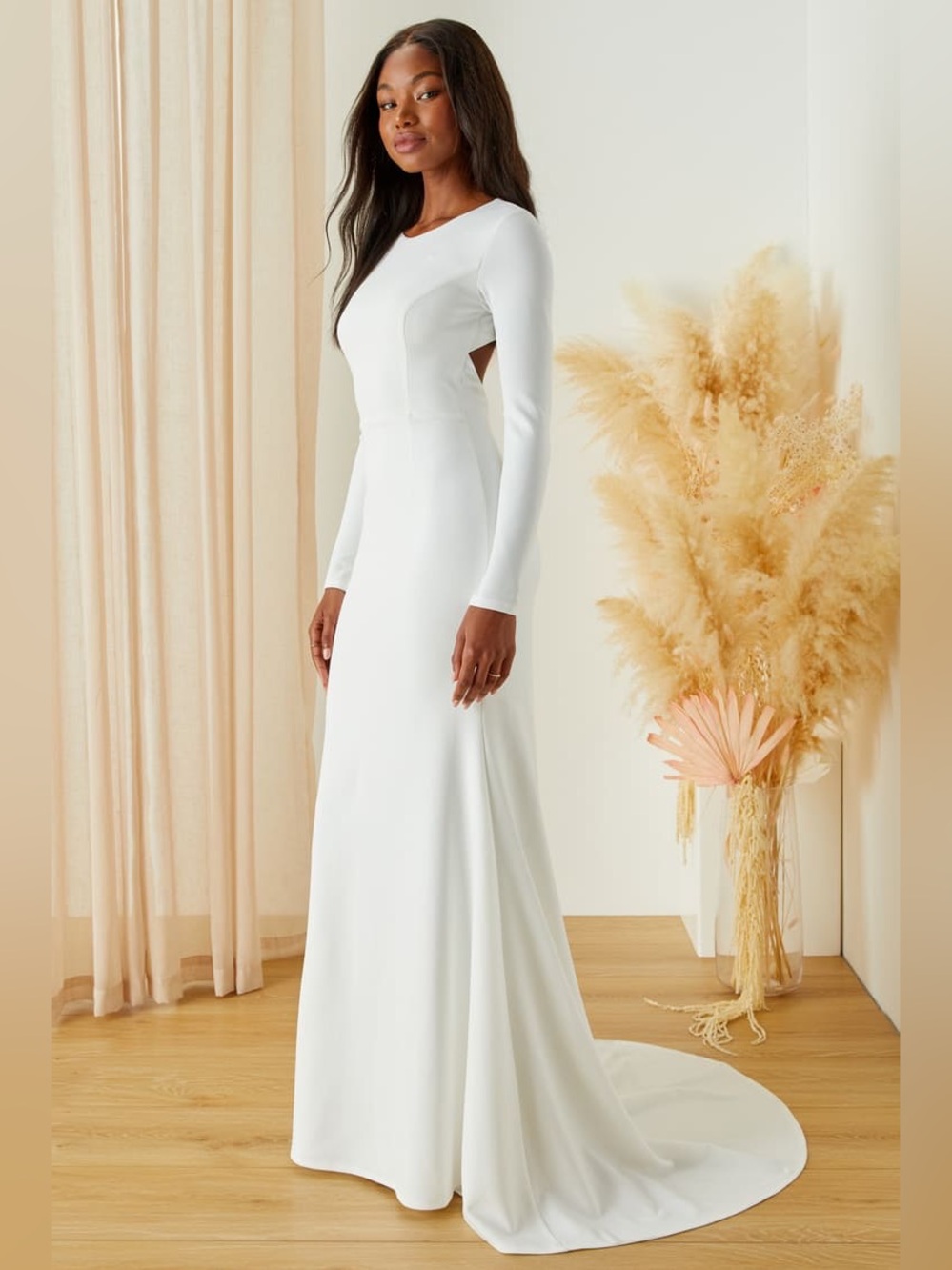 Lulus Eloquent Endearment White Long Sleeve Backless Long Maxi Dress, L, NWT